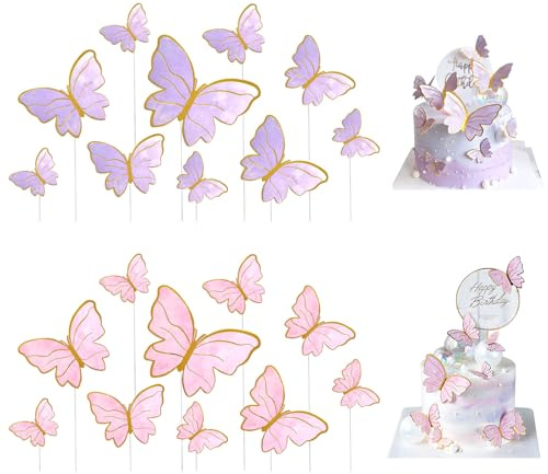 Uppsättning av 20 fjärilstårta topper dekoration lila och rosa tårta topper fjärilar tårtdekoration för cupcakes, födelsedagstårta, bröllop, baby shower