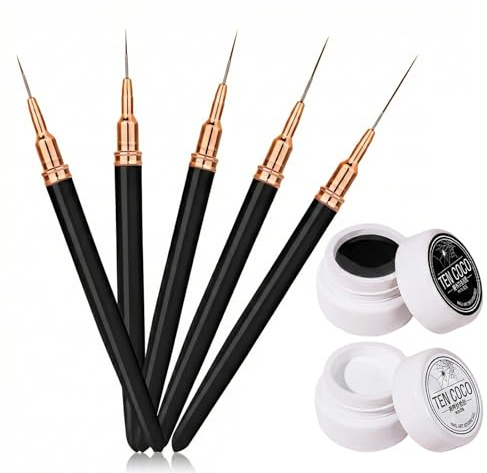 Pinceau Nail Art Ongles - 5 Pinceaux pour Ongles en Gel avec 2 Gels pour Tracer des Lignes Longues, des Détails Fins et des Dessins Délicats, Dans les Tailles 7/9/11/15/25 mm