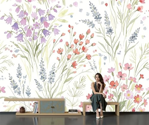 Carta Da Parati Panoramica Prato Di Fiori Selvatici Ad Acquerello 250X175Cm, Crema Murales In Seta - Fotomurale Piante Rustiche Poster Decor Da Parete Per Soggiorno Ufficio Corridoio Muro Sfondo