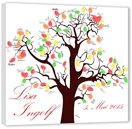 galleryy.net Fingerabdruck Baum Leinwand 80x80 mit NAMEN & DATUM - INKL Zubehör-Set (Stempelkissen+Stift+Anleitung+Hochzeitsbuch+...) - Herzchen Baum braun - Hochzeitsbaum Fingerabdruck