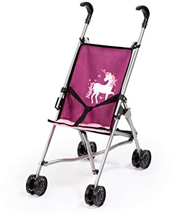 Bayer Design 30537AA Puppenbuggy, zusammenklappbar, Doppelräder, Sicherheitsgurt, aus Metall, Pink, Rosa, Einhorn