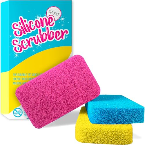 Silicone Dish Scrubber by Smith’s (Quantity: 3, Colour: Yellow, Pink, Blue) | Modern Kitchen and Dish Sponges | 100% Mold Mildew and Bacteria Resistant | 10x More Durable!