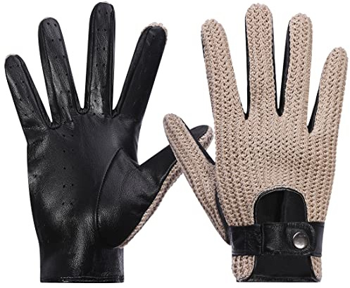 Harssidanzar Herren Autohandschuhe Leder mit Häkeln Schwarz Fahrhandschuhe Touchscreen GM030,Beige,Größe XL