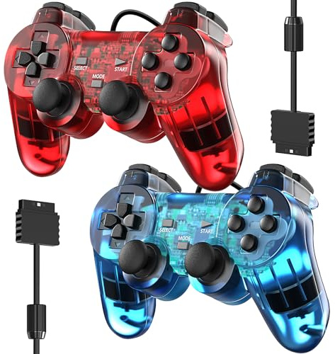 Degulan - Controller cablato per PS-2 ad alte prestazioni, doppio shock, joystick, compatibile con Play 2 (rosso trasparente e blu trasparente)