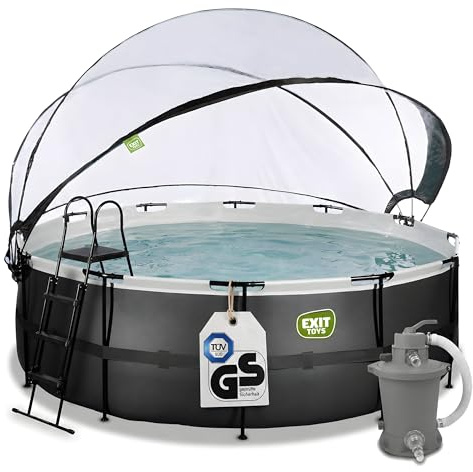 Pool ø427x122cm mit Abdeckung und Sandfilterpumpe | Black Leather Look, Schwarz, Stahlrahmen, Sandfilter, Abdeckplane, Sofort einsatzbereit, Wassertiefe 110 cm, 14.758 Liter