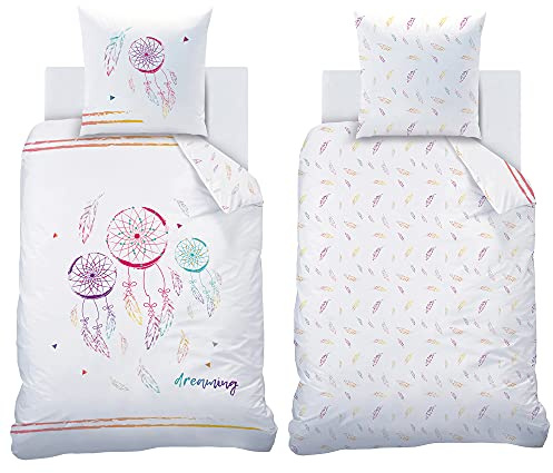 Matt & Rose Kinder-Bettwäsche Traumfänger Dreaming 135 x 200 cm + 80 x 80 cm 100% Baumwolle Renforcé-Linon-Qualität Federn Girl Mädchen Dreamcatcher Rainbow mit Reißverschluss Deutsche Größe