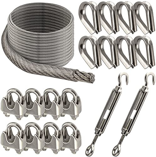 OPIOL QUALITY® 100m Drahtseil Transparent ummantelt 2mm, 8x Drahtseilklemme ähnl. DIN 741 2mm, 8x Kausche 2mm ähnl. DIN 6899, 2x Spannschloss Auge/Haken M4 Sonnensegel Set Edelstahl A4 Hanging Kit