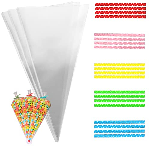 100pcs Sweet Cone Bags 25x13cm Clear Cone Bags with Ties for Party Supplies, Sweets, Biscuits Displaying & Wrapping on Birthday Parties and Festivals