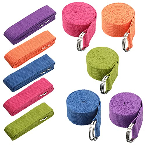 10 Pcs Yoga Strap 8ft Yoga Stretching Exercise Band Stretching Belt with Adjustable Metal D Ring Buckle Loop for Pilates, Dance, Physical Therapy, Gym Workout