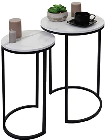 Mendler 2er-Set Beistelltisch HWC-K46 Marmor-Optik MDF - weiß-schwarz | Kaffeetisch, Nachttisch, Loungetisch
