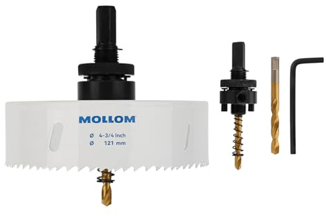 Mollom (121mm | 4-3/4) HSS M42 med 8% kobolt BI-metallhålsåg med 2 pilotborrar & arbor. Slät skärning för PVC, gipsvägg, trä, plast, gipsskiva, gummi