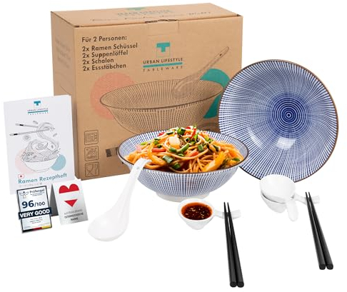 Urban Lifestyle – Juego de 8 Cuencos Ramen de Porcelana 1 L · Para 2 Personas con Cuencos, Cuencos para Salsa, Cucharas y Palillos · Ideal para Bol Ramen, Ramen Bowl, Udon, Pho y Ensaladas (Tokusa)