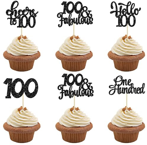 Gyufise 30Pcs Happy 100th Birthday Cupcake Toppers - Black Glitter One Hundred Cheers to 100 Years Old Picks for Anniversary Party Cake Decorations
