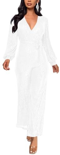 shownicer Overall Damen Jumpsuit V-Ausschnitt Langarm Elegant Bodysuit Pailletten Eng Einteiler Hohe Taille Playsuit A Weiß L