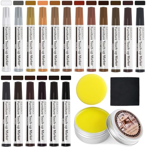 SEISSO Möbelmarker Reparaturset, 18 Stücke Holzmarker mit 50g Möbelwachs Holzkitt Reparaturset Holz Möbel Reparaturset für Holztischs, Schranks, Furniers Tür und Nachttisches