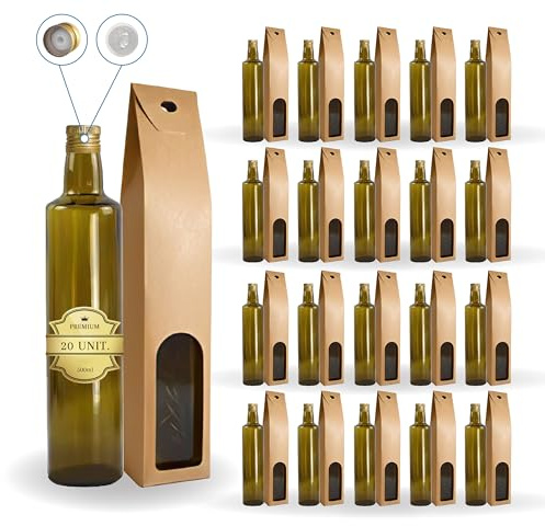 Espirito Rebelde 20x Bouteilles en Verre Foncé 500ml avec Bouchon a Vis Doré avec Bec Verseur + 20 Boîtes - Huile d'Olive, Vinaigre, Alcool, Sauces - Huilier