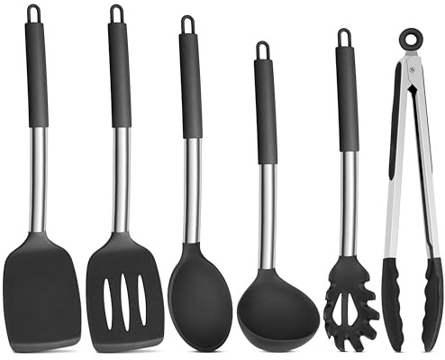 Onader Black Kitchen Utensils Set, 6 Pieces Silicone Cooking Utensils for Non-Stick Cookware, Heat Proof Kitchen Cooking Tools, Stainless Steel Handle & Dishwasher Safe