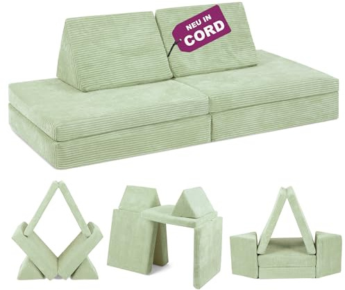 Linodino® Spielsofa Cord | Kindersofa aus Schaumstoff Bausteine - Spielsofa für Kinder & Kuschelecke im Kinderzimmer | Kindercouch | Oeko-TEX 100 Zertifiziert | Avocado Grün