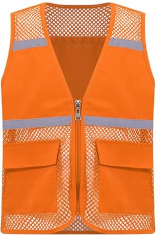Yruioon Kinder Sicherheitsweste Warnweste Reflektierendes Warnschutz Weste mit Reflektorstreifen Reißverschluss und Taschen Arbeitsweste Orange 146-152