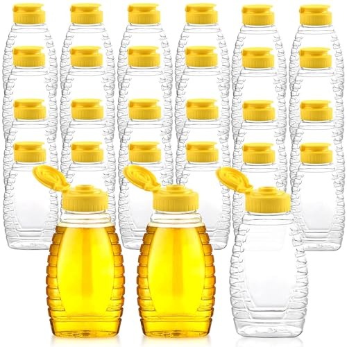 Aemygo Transparente Honigflaschen, 250 ml, 32 Stück, Quetsch-Honigglas mit Klappdeckel, leer, nachfüllbarer Honigbehälter, auslaufsicher, Honigquetschflasche zum Aufbewahren und Dosieren