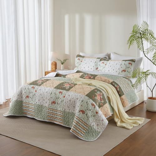 3-teiliges Patchwork-Bettwäsche-Set mit grünem Karomuster, für King-Size-Betten, Olivgrün, Pfirsichweiß, Patchwork, gesteppt, Tagesdecken-Set mit roter Rose, weich, leicht, für alle Jahreszeiten
