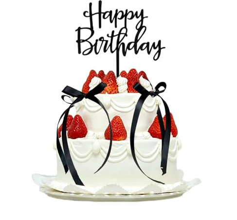 Cosmeria Lot de 6 décorations de gâteau avec 6 nœuds noirs et plaque Happy Birthday, décoration de gâteau pour anniversaire, décoration de gâteau vintage pour fête coquette