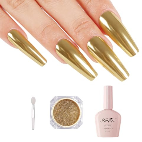 Imtiti Kit Poudre à Ongles Chrome Doré, 1g Poudre Effet Miroir Métallisé Or avec 10ml Vernis Semi Permanent Polonais Blanc Métallisé pour Kit UV DIY Ongles