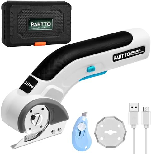 PAHTTO Ciseaux électriques Coupe-carton 4 V, 320 tr/min, coupe-rouleau sans fil, coupe-tout universel,avec 2 lames auto-affûtantes et chargeur, pour papier, carton, moquette, cuir, feutre, tissu