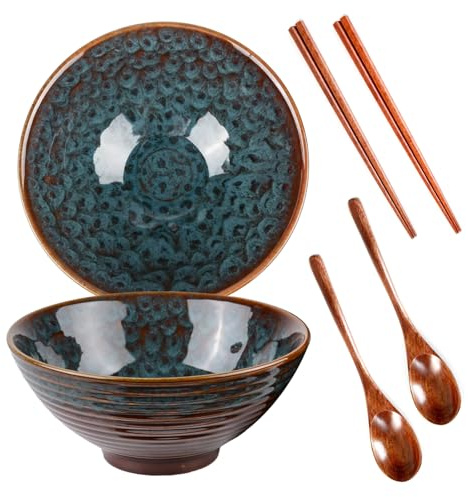 Ramen Schüssel Set mit 2 (1200 ml) – Keramikschalen mit Löffeln und Essstäbchen für Nudeln, Suppe, Salat, Müsli, Snacks, Mikrowellen- und Spülmaschinenfest (dunkelblau)