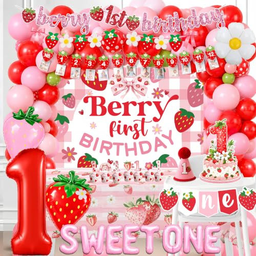 Berry First Birthday Decorations Strawberry 1st Decorations for Girls Sweet One Strawberry Decor Party Supplies include Photo Banner Highchair Banner Backdrop Tableware Set