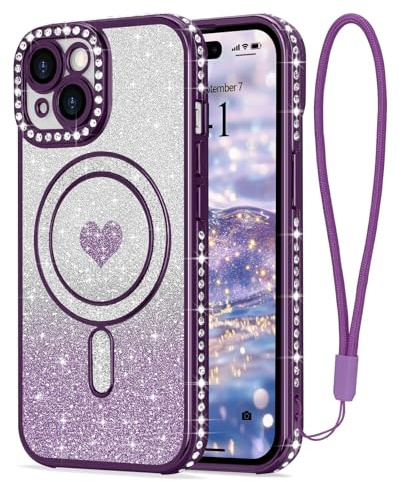 LAPOPNUT Magnetic Glitter Case for iPhone 14 with Wrist Strap,Purple | Compatible with MagSafe, Sparkly Phone Cover for Girls Women, Sparkle Rhinestone Rasied Camera Protection,Bling Glittery Cute