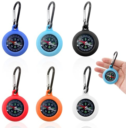 6 Pièces Boussole avec Mousqueton 2 en 1, Mini Boussole de Camping Multicolore pour Randonnée Enfants, Porte-Clés Étanche Résistant à l'eau pour Extérieur, Urgence, Cadeau (6 Pièces)