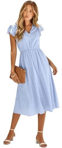 HEYPORK Damen Frühling Sommer Rock Bequem Lässig Kleider Elegant Röcke Frauen V-Ausschnitt Solide Farbe Lotus Blatt Ärmel Lässig Langes Kleid