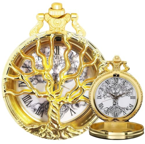 DerMacht Pocket Watch Hollow Tree Design Roman Numerals Quartz with Chain (Gold)