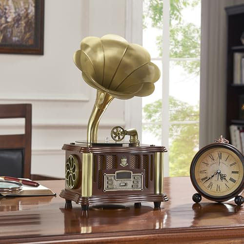 XRSMOU Mini Tourne-Disque Rétro Gramophone, Disques Vinyles Multifonctionnels, avec Bluetooth, Télécommande, pour La Famille, Les Amis (C)