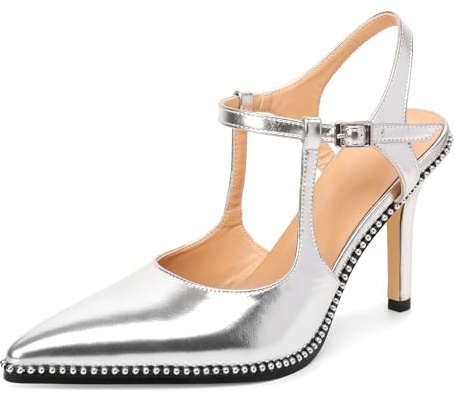 EDEFS Scarpe col Tacco Classiche Donna in Pelle Verniciata Tacco 9 cm con Punta a Riga Cavigliera e Bordo con Perline per Ufficio Matrimonio e Feste Argento EU40