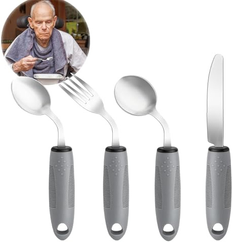 LANZLC Parkinson Besteck Set für Senioren, 4 Teiliges Adaptive Utensilien, 42° Winkel, Esshilfen mit Rutschfestem Griff, Löffel Messer Gabel Besteck Tragbarer für Handzittern Arthritis (Rechtshänder)