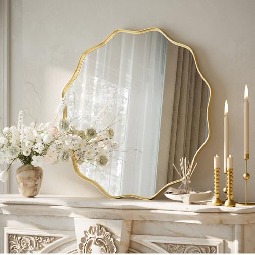 Koonmi großer runder Spiegel mit gewellter Kante, 50 cm Wandspiegel mit Strukturiertem Metallrahmen, zum Aufhängen oder Anstellen an die Wand, für Badezimmer, Eingangsbereich, Wohnzimmer, Gold