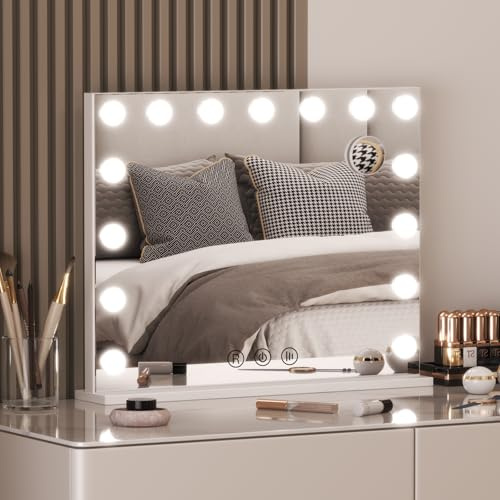 Hamlody Schminkspiegel mit Beleuchtung, 58x46cm Hollywood Schminktisch Spiegel mit 15 Lam und 3 Lichtfarben, Dimmbar, USB/Type C Ladeanschluss, Touch-Steuerung für Schlafzimmer Ankleidezimmer