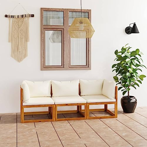 Teenpull 3-Sitzer-Gartensofa mit Auflage Creme Akazie Massivholz, Robustes Outdoor-Möbelset für Terrasse und Balkon, bequemes Loungesofa für entspannte Stunden im Garten