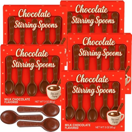 Milk Chocolate Candy Spoon Gourmet Edible Stirring Stick 25 Spoons - Melt In Cup of Hot Chocolates Coffee Tea - Cocoa Bar Supply Holiday Gift Christmas Stocking Stuffer Treat - 5 Pack Tray