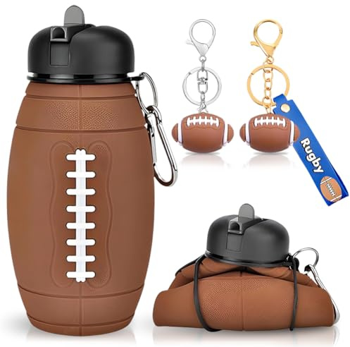 JhavexToy Trinkflasche Basketball/Baseball/Tennis/Rugby/Volleyball/Golf Billiards 550 ML, Faltbare Wasserflasche aus Silikon mit Schlüsselanhänger für Jungen Kinder, Erwachsene (Rugby)
