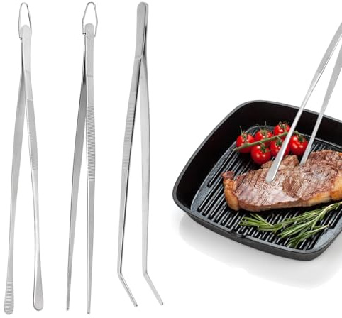 3 PCS Stainless Steel Tweezers, 12-Inch BBQ Tweezers Set for Cooking, Grilling and Baking, Silver