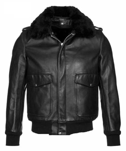 ZM ATTIRE B3 Bomber fuskpäls skjuvning svart läder motorcykeljacka för män, Äkta läder – svart, XL