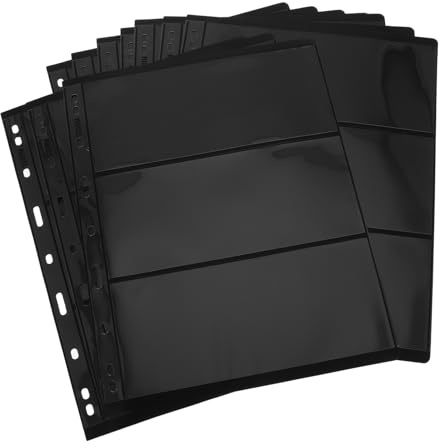 NOLITOY Álbum de Sellos Doble Cara 10 Hojas Negras 3 Columnas Tamaño Estándar PVC para Coleccionistas Almacenamiento y Exhibición Hojas Sueltas Coleccionismo Postal