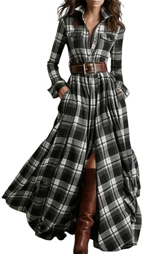 Generico Abito Camicia Maxi a Quadri Donna – Maniche Lunghe Collo a V con Colletto Bottoni Frontali Scollo Asimmetrico Flusso Stile Casual Elegante(1A-Black, XL)