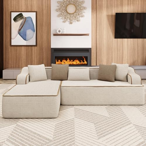 ALPHA HOME Ecksofa mit Schlaffunktion, L-Form Boneless Couch | Modulares Sofa mit 5 Zierkissen für das Wohnzimmer, Montagefrei, Cord, Beige