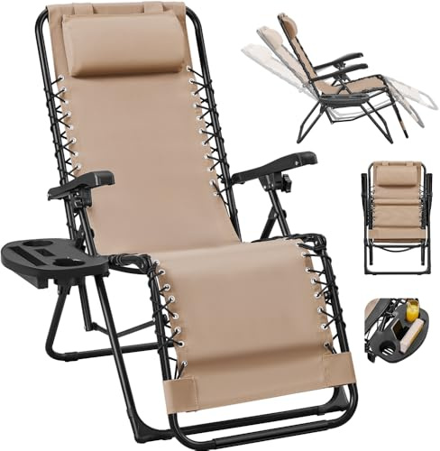 Yaheetech Sedie a Sdraio Pieghevoli a Gravità Zero con Vassoio Rimovibile Poltrona Relax per Piscina Giardino Esterno Spiaggia Beige