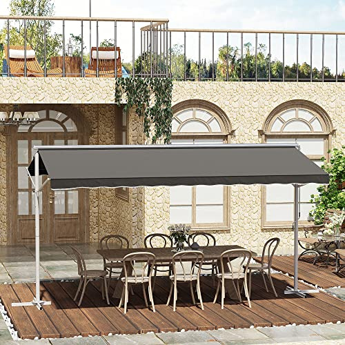 Standmarkise 4,5 x 3,4 m mit Faltarm & Handkurbel – Wetterfeste Kunstleder-Polyester-Markise, verstellbarer Neigungswinkel, pulverbeschichtetes Alu-Gestell, stabile 90x90 cm Standfußkonstruktion, grau