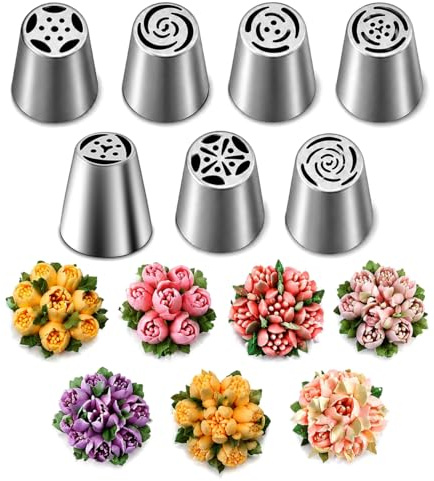 Timkumon Set med 7 st stora ryska spritstipsar, sömlösa glasyrmunstycken i rostfritt stål, ett tryck tårtdekorationstips för fjärilskräm, muffins, kakor – komplett blomformssats
